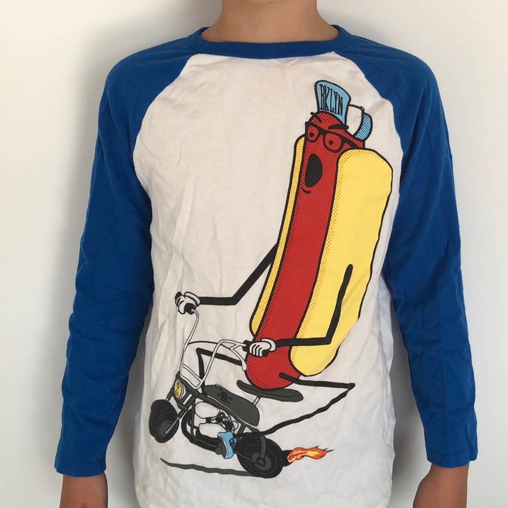 Silly Brooklyn hotdog on a motorcycle long sleeve